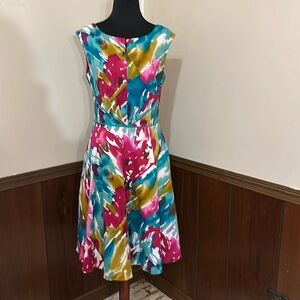 Adrianna Papell Colorful Fit & Flare Dress Size 6 Pink Teal Yellow Floral Party
